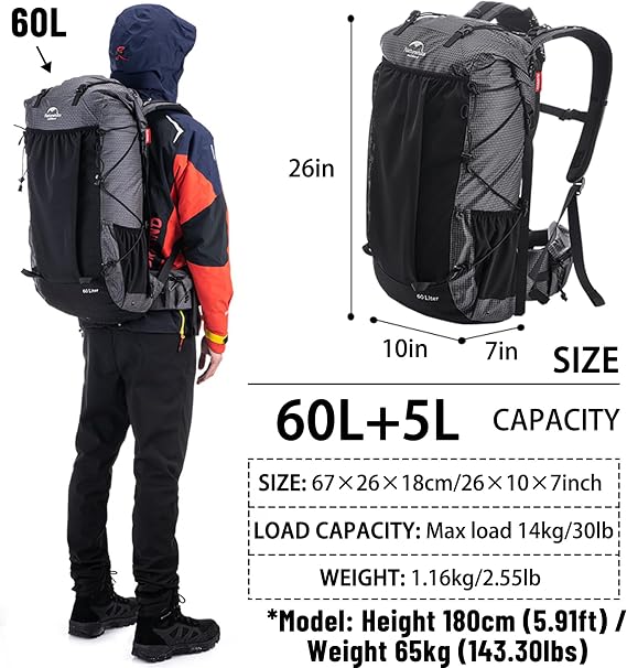 Naturehike Rock Internal Frame Hiking Backpack with Rain Cover, 45L/65L
