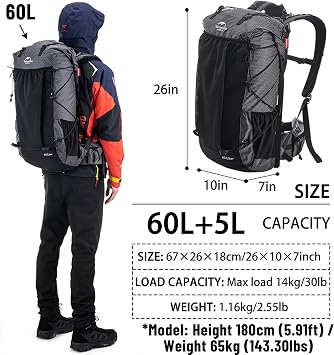 Naturehike Rock Internal Frame Hiking Backpack with Rain Cover, 45L/65L