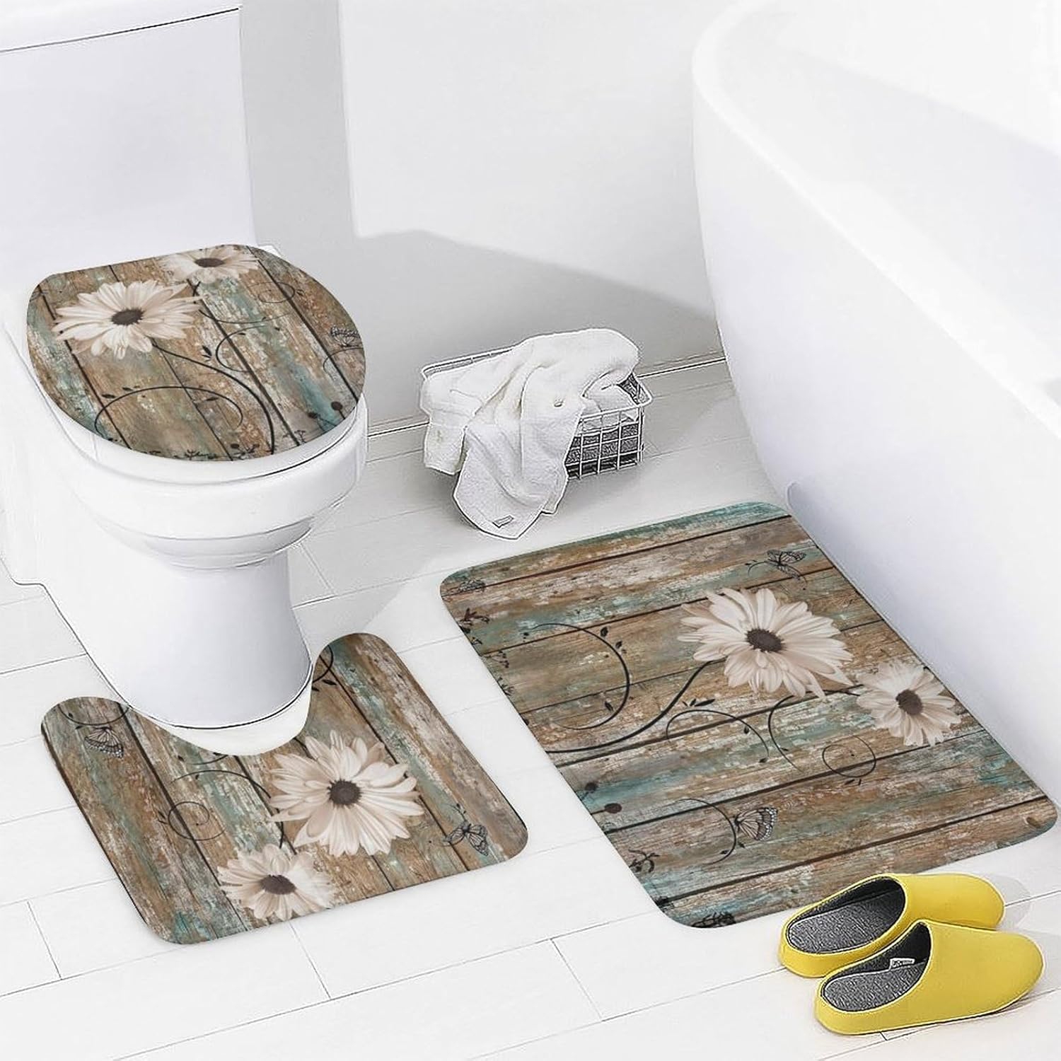 4Pcs Floral Shower Curtain Set Old Wooden Farm Style Bathroom Curtain with Non-Slip Rug, Toilet Lid Cover, Bath Mat and 12 Hooks, Marble Decor for Bath, 72 x 72 in