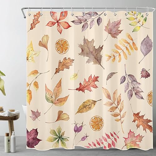 Miniatura 3 de EOBTAIN Cortina de ducha de hojas de plantas de otoño para baño, cortinas de ducha de tela beige con hojas de arce naranja y limón sobre tela beige