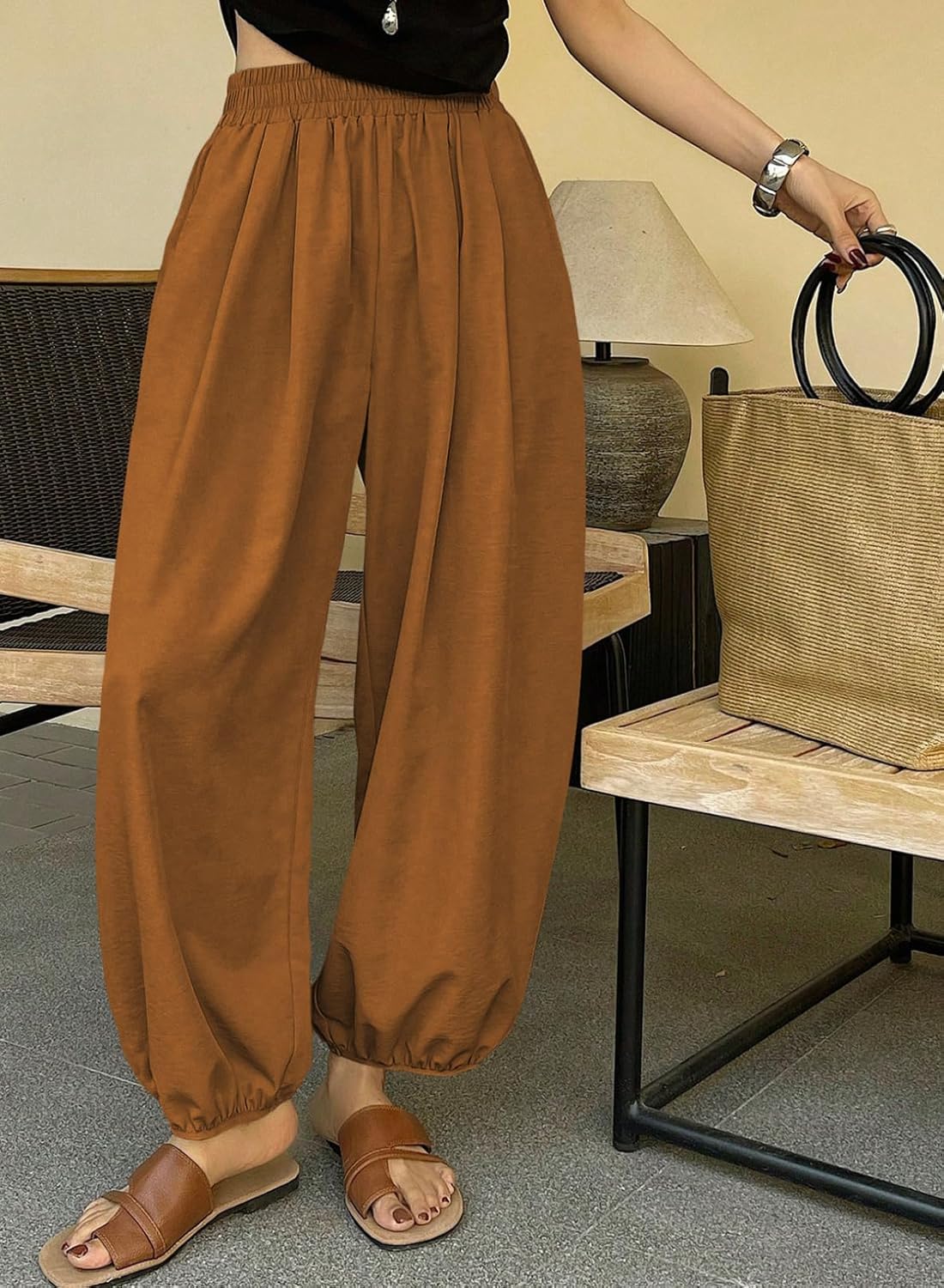 Astylish Women's Casual Harem Yoga Pants Elastic High Waisted Boho Baggy Capri Palazzo Barrel Pants