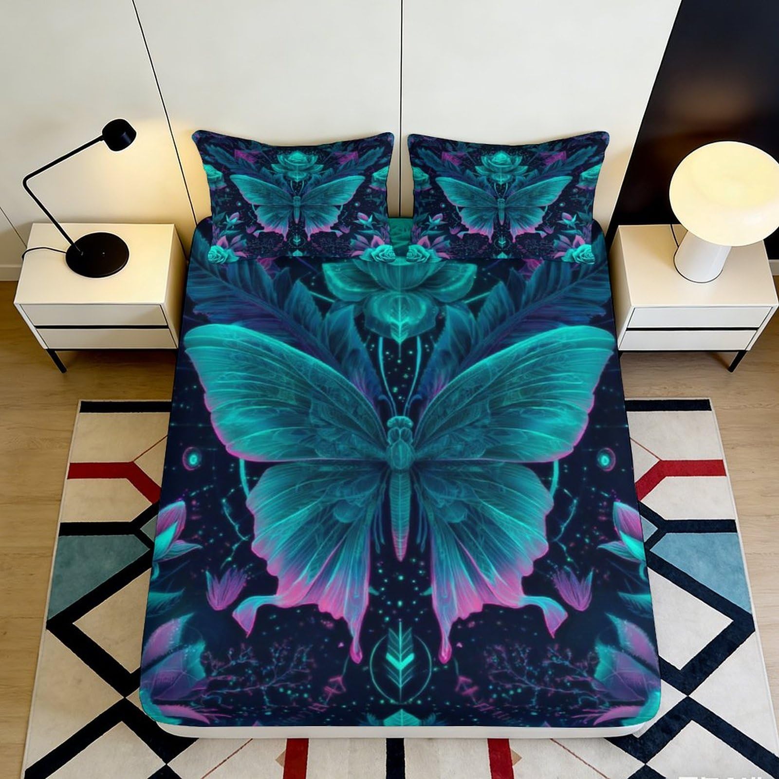 3D Printed Neon Butterfly Fitted Sheet Microfiber Soft Breathable Glowing Moth Bed Cover for Bedroom Dormitory Guest Room Mattress Protection Decor 120x200x25cm