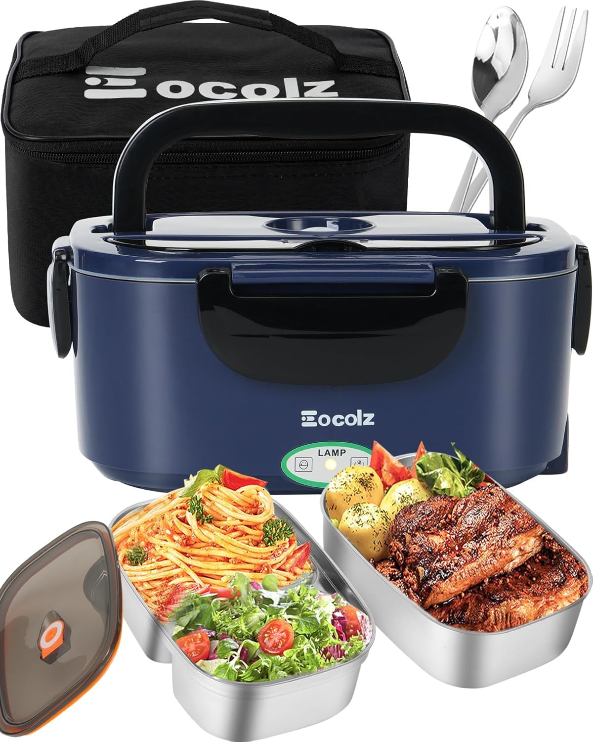 Eocolz Electric Lunch Box Food Heater 100W, Food Warmer with Dual Container 1.5L Portable Heated Lunch Box for Car Truck Work Stainless Steel Fork & Spoon 12/24/110V for Adults (Blue)