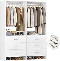 Aheaplus Wood Closet Organizer System Set of 2 for 4FT Closets, Freestanding Wardrobe with Drawers & Hanging Rods, White Walk-in Closet Rack