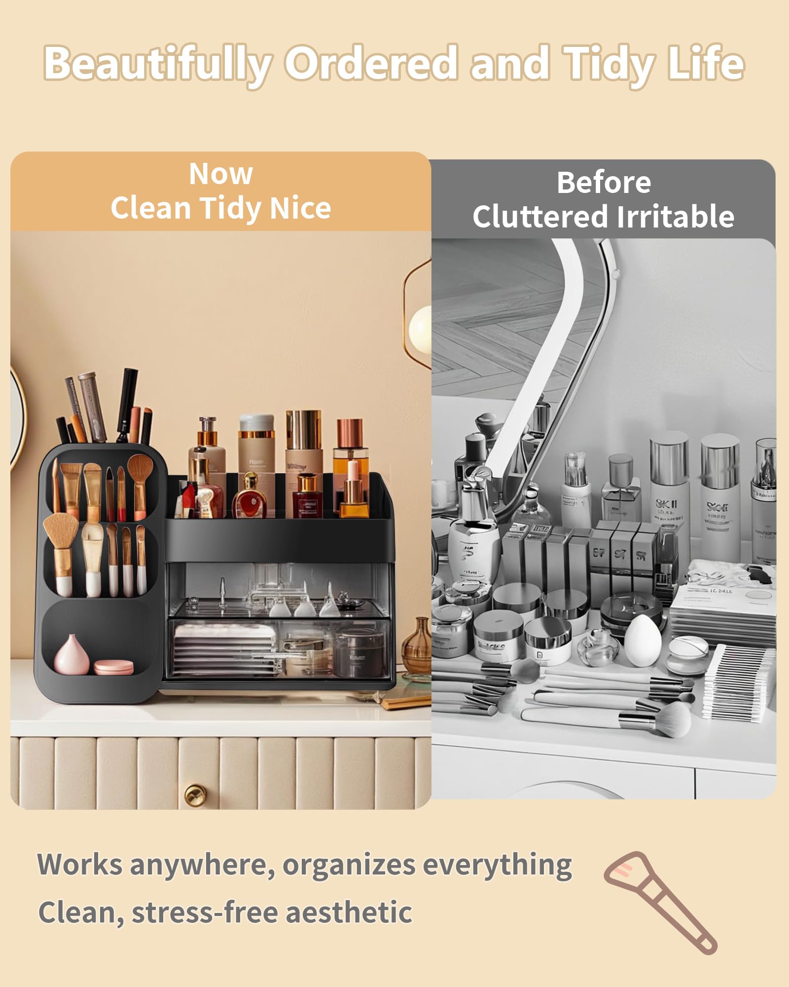 Anylady Makeup Organizer with Drawers, Skincare Organizer (Large Size Thick), Storage Box Cosmetic Display Cases, Make up Organizers for Vanity, Dresser, Desk, Kitchen, Countertop (black): Black