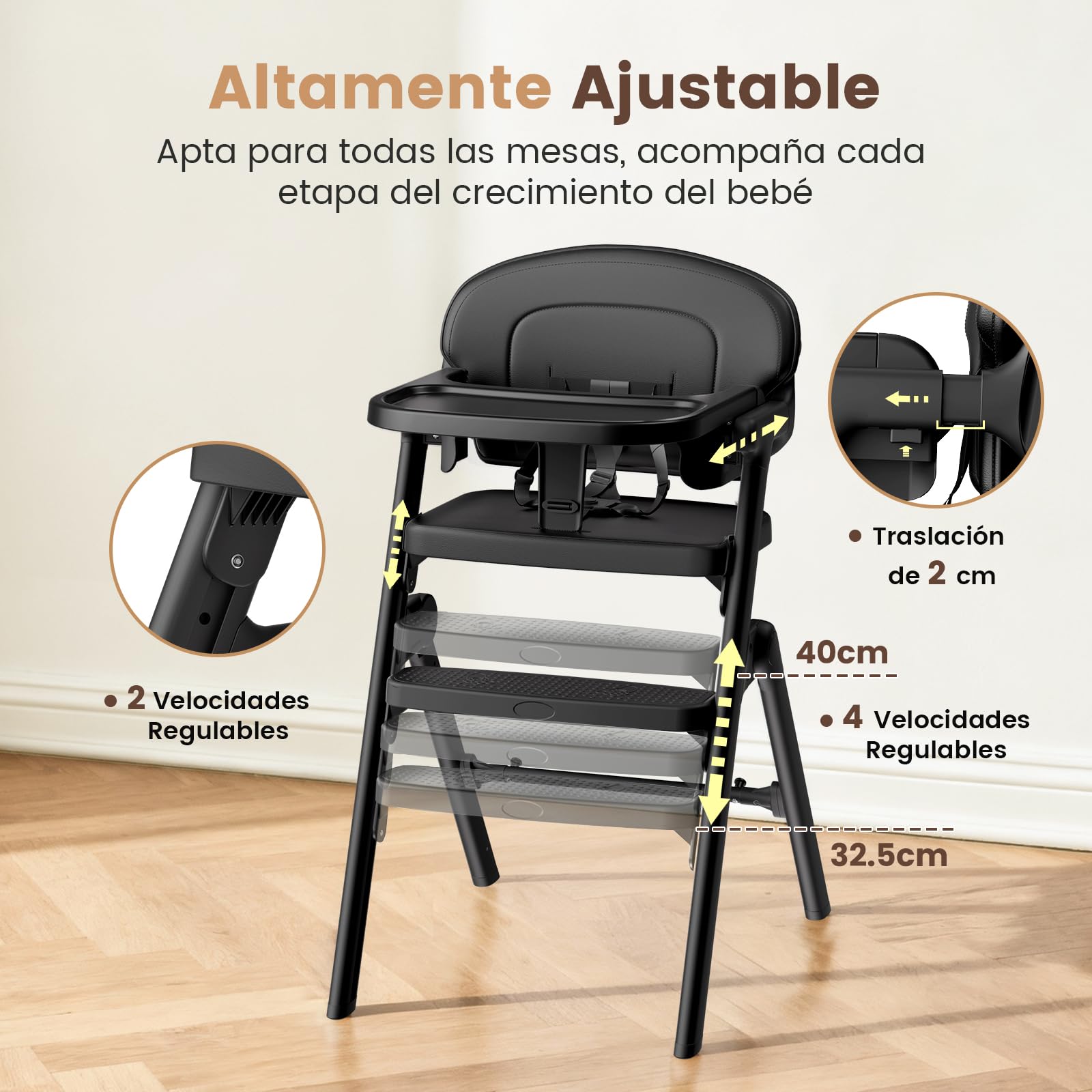Trona Evolutiva Bebé-Plegable, Tronas de Bebe Regulable, 6 Meses-90 KG, con Bandeja/Cojín/Arnés de 5 Puntos/Bandeja, Tronas Evolutivas Fácil de Limpiar, Ergonómica (Negro)