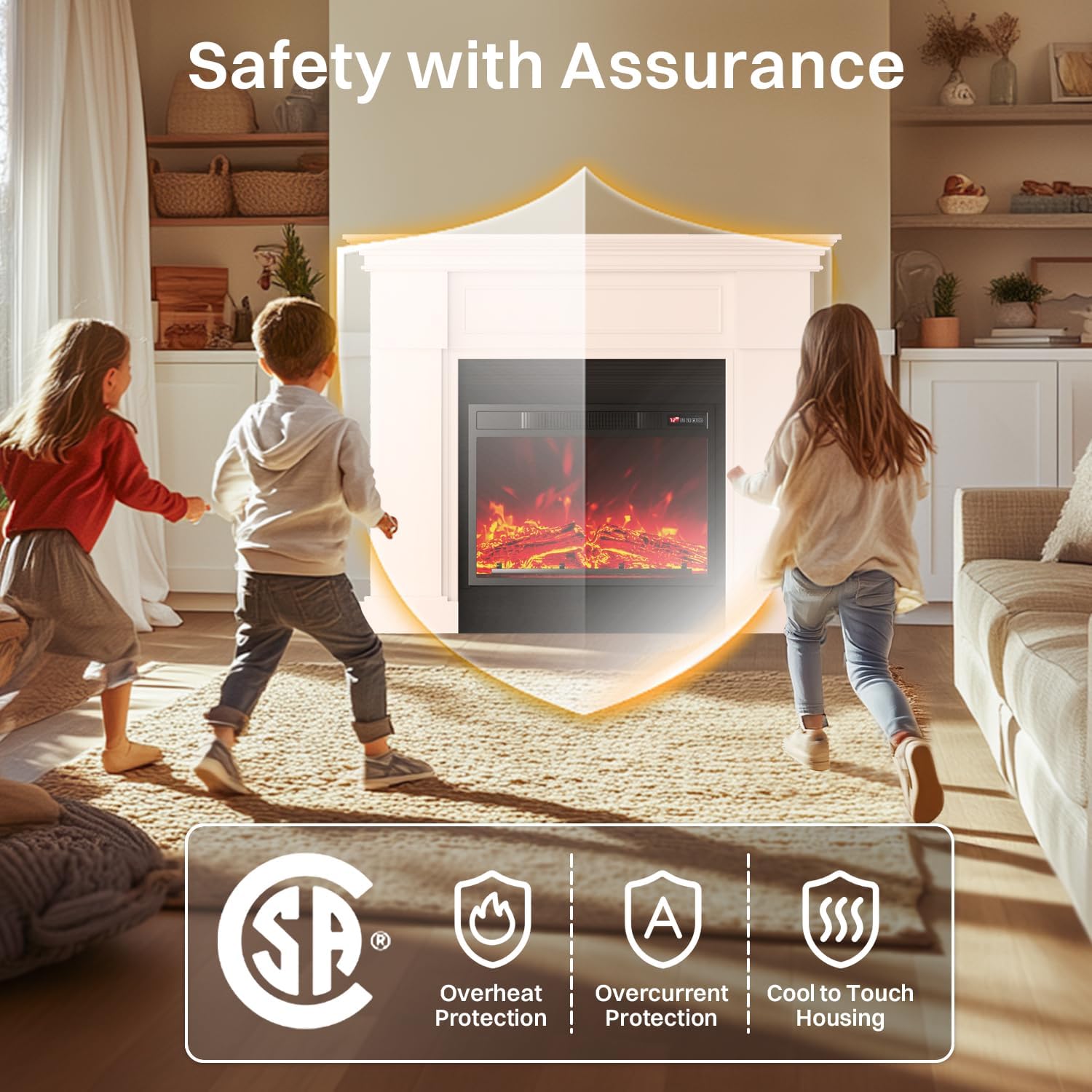 55" Electric Fireplace with Mantel | 1400W Faux Fireplace | Highly Realistic 3D Flame | 50-90℉ Adjustable Temp | Button & Remote Control | White Fireplace Mantel Surround | 55" W×13.5" D×44" H