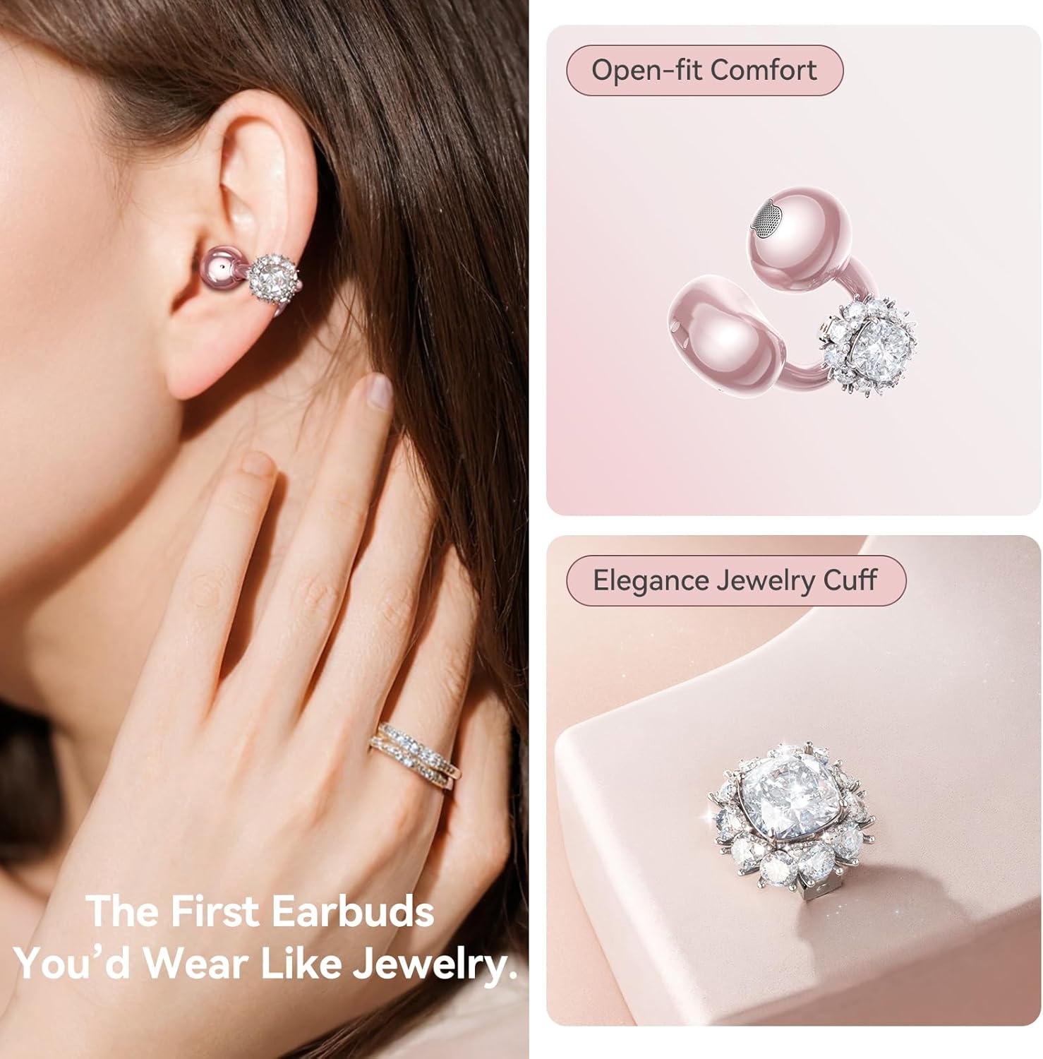 Kinglucky Jewelry-Inspired Clip-On Earbuds with Diamond Earrings, Comfortable Fit & 40H Playtime Open Ear Bluetooth 5.4 Wireless Headphones for Women, Small Ears, Sports & Glasses Rose Gold - Image 2