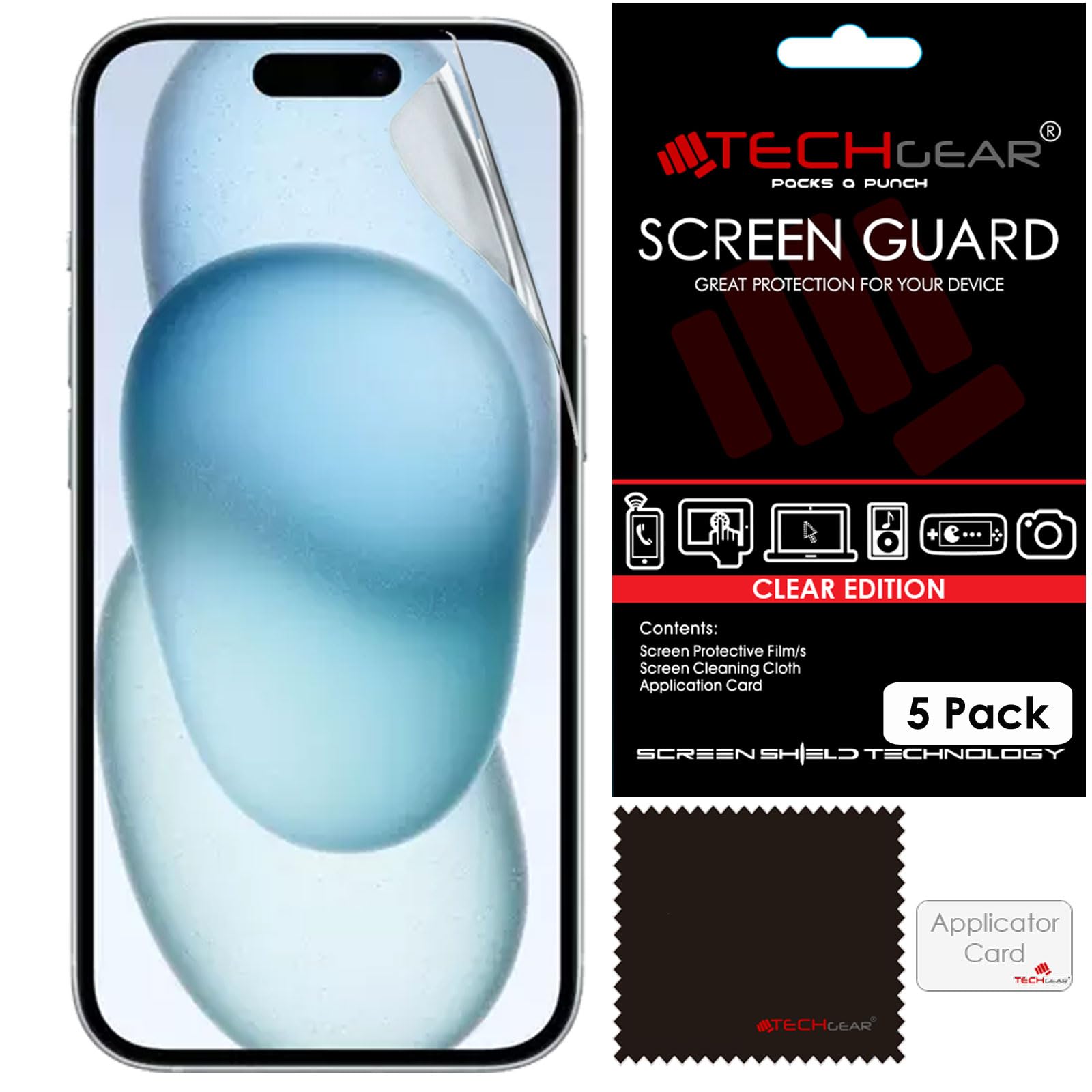 [5 Pack Screen Protectors for iPhone 16 / iPhone 15 - CLEAR LCD Screen Protector Film Guard Covers with Cleaning Cloth & Application Card Compatible with iPhone 15 / iPhone 16 6.1"