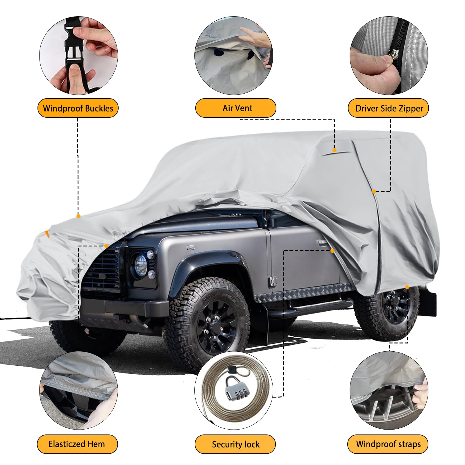 Telo copriauto impermeabile Land Rover Defender 90 1990-2016, telo di copertura per tutte le stagioni, con chiusura lampo, porta e parabrezza, grigio