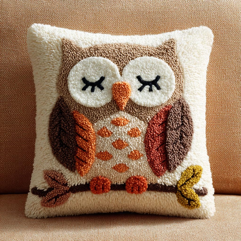 Henypt Latch Hook Kit Animal Owl Pillow Latch Hook Embroidery Kits DIY Crochet Yarn Kits Pillowcase Sewing Making Kit for Embroidery Home Decoration 43x43cm