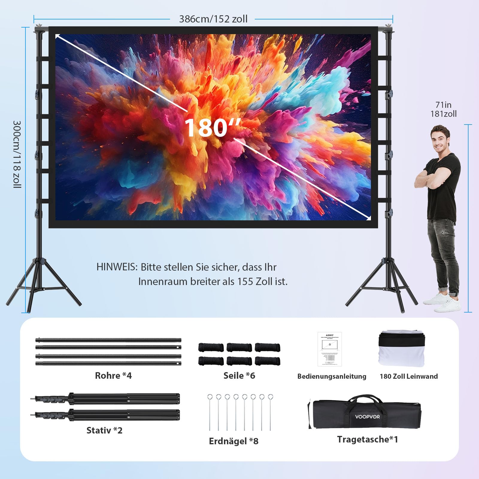 180 Zoll Outdoor Beamer Leinwand mit Stativ: VOOPVOR Tragbare Projektionsleinwand 16:9 4K HD, Kinoleinwand für Innen/Außen, mit Tragetasche & Höhenverstellbarem Stand für Heimkino und Wohnmobile
