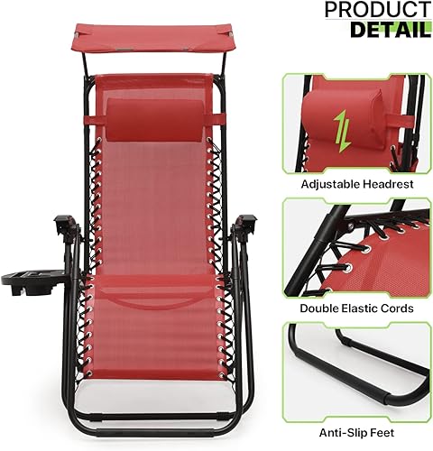 Miniatura 11 de Magshion Juego de 2 sillas Zero Gravity con dosel, silla reclinable reclinable para patio al aire libre, plegable antigravedad, tumbona portátil con