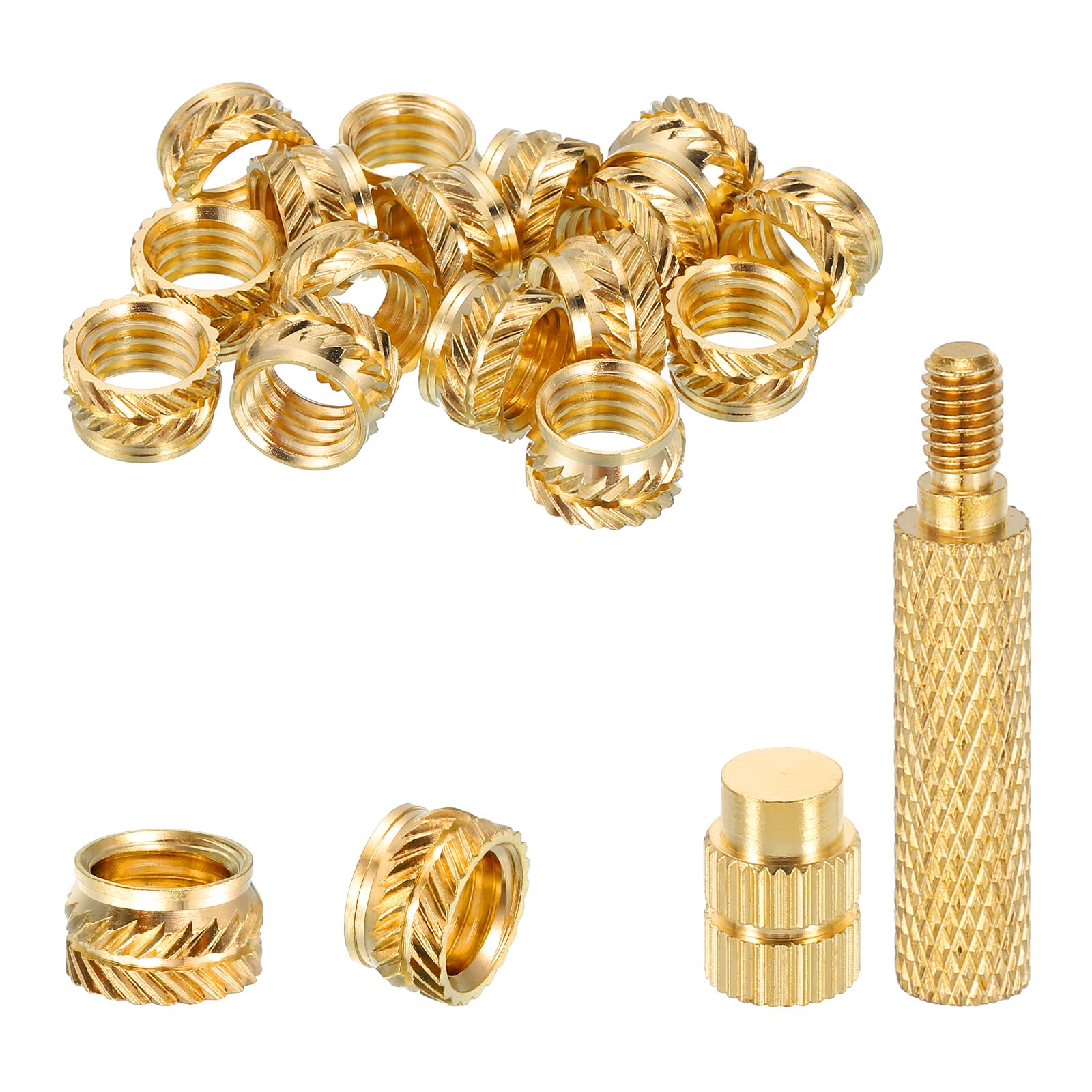 sourcing map 20 Pcs Threaded Inserts with Soldering Iron Tip Press Tool, M8 x 6mm H x 10mm OD Brass Metric Knurled Nuts Heat Set Inserts Embedment Nut for 3D Printing Plastic Parts