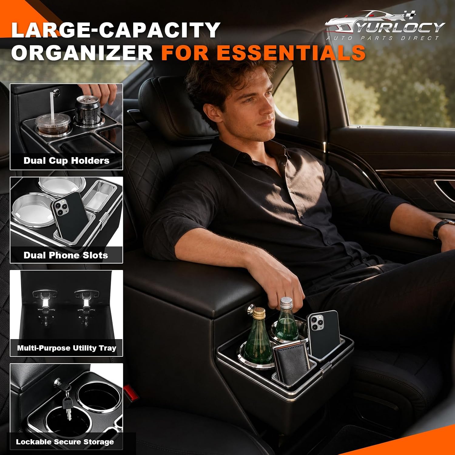 Universal Center Console Between Seats - 24L Lockable for Minivans, SUVs, Trucks & Middle Van Bench Seats,Storage Box with Dual Cup Holders & Padded Armrest, No-Drill Organizer-20"L x 9.65"W x 13.78"H