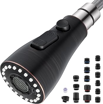 J-HVA Metal Kitchen Faucet Head Replacement 3 Mode High-Pressure Sink Sprayer Replacement with 15 Nozzle Adapters, Durable Pull Down Spray Head for Kitchen Sink, Oil Rubbed Bronze, Stainless Steel