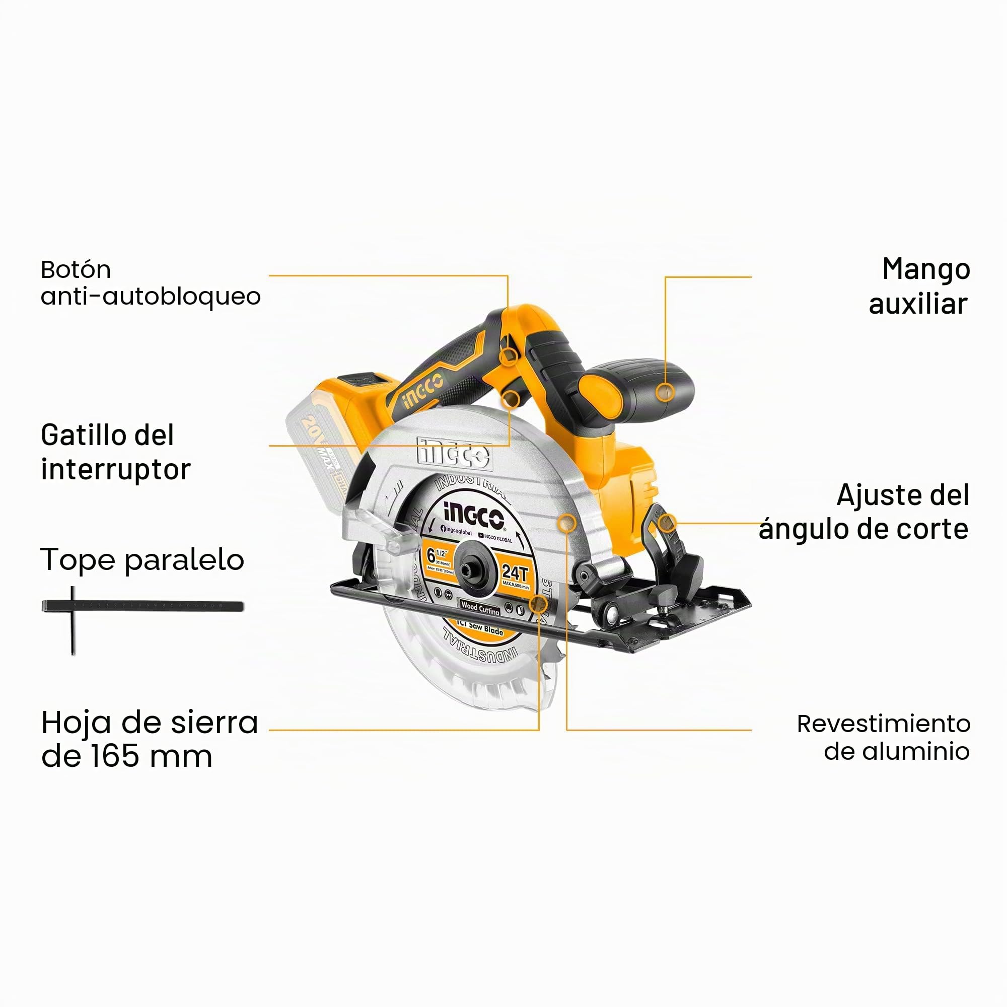 INGCO CSLI1651 - Sierra inalámbrica eléctrica de iones de litio, 20 V, 4600 RPM (solo cuerpo), 165 mm de diámetro de hoja, 55 mm de profundidad de corte con 1 hoja