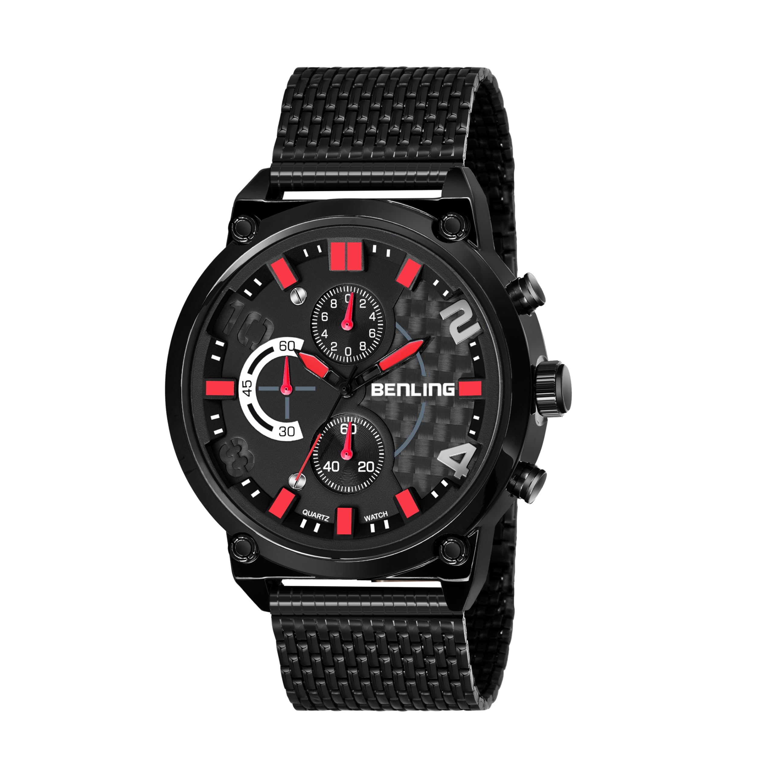 Benling Analog Chronograph Watch for Mens, Business Casual Formal Fashion-Wear, Stainless Steel Mesh Strap, Water Resistant Up to 30 Meters (Black/Red) (B0D3V2SCFQ) Amazon Price History, Amazon Price Tracker