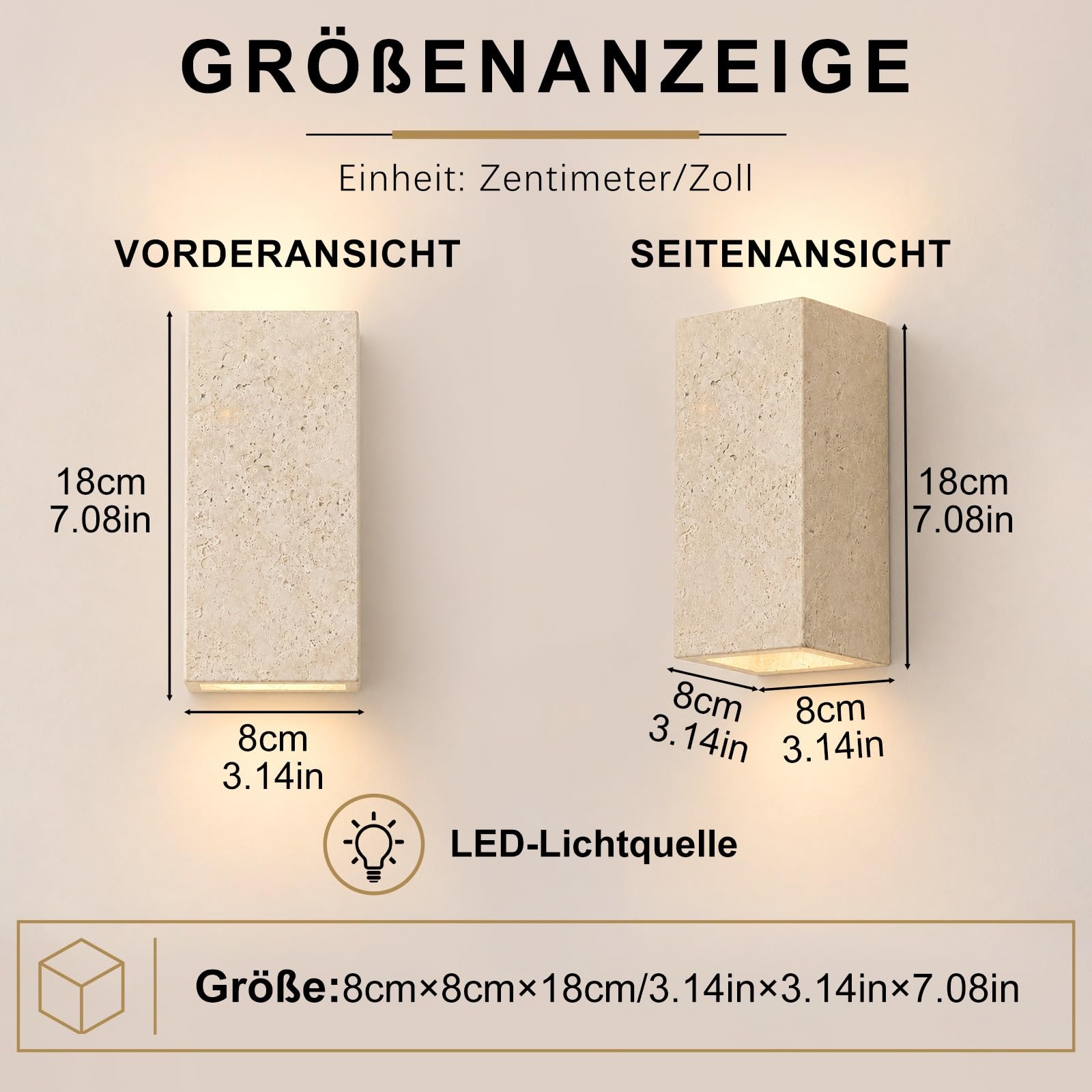 Pack 2 Apliques de pared travertino for exterior iluminación arriba y abajo | Lámpara de pared de piedra natural 3000K 9W LED Lámpara de pared de mármol impermeable for porche, jardín y pasillo(8x18cm)