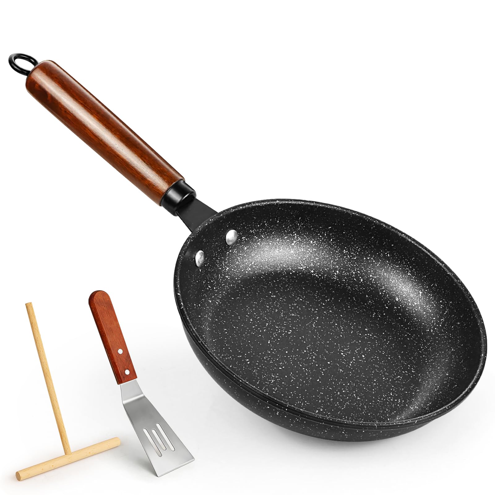 ICEBLUEOR Non-Stick Pancake Frying Pan with Hanging Handle 24CM, Durable Egg Frying Pan Crepe Pan with Steak Spatula and Pancake Turner, Induction Electric and Gas Hobs Compatible, PFOA Free, Black