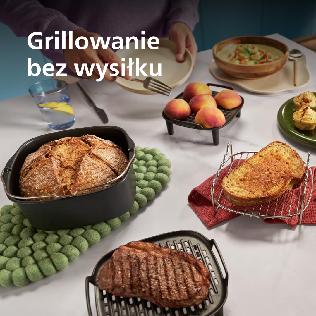 Philips Airfryer Akcesoria do Grilla - Dla Modeli 3,2 l i 4,2 l, Płyta nieprzywierająca, 4 Szpikulce, Łatwe Czyszczenie, Przepisy w Aplikacji, Większa Pojemność (HD9926/00)
