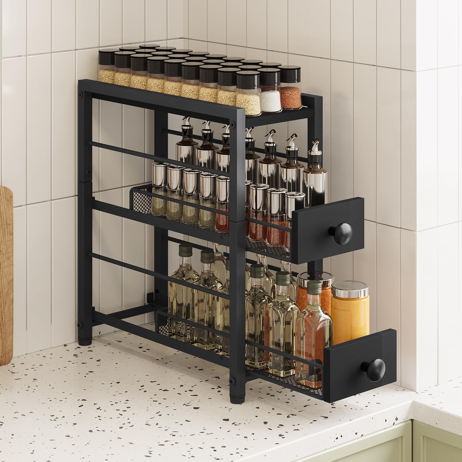 YATINEY Étagère à Épices à 3 Niveaux, Organisateur Étroit pour Plan de Travail de Cuisine avec 2 Tiroirs, Rangement Café avec Tiroirs Coulissants, pour Capsules de Café, XSR02BB