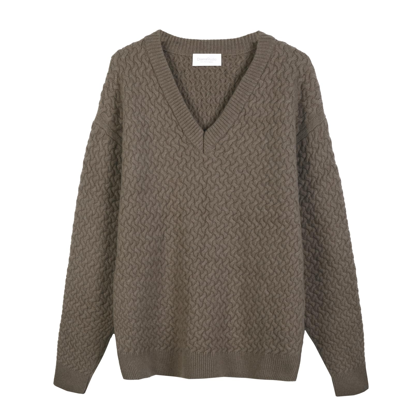 Diana Studio, Sweter z dekoltem w serek z warkoczami - męski, kaszmirowa, z długim rękawem, casualowy, szarobrązowy, XL, szary, XL-XXL