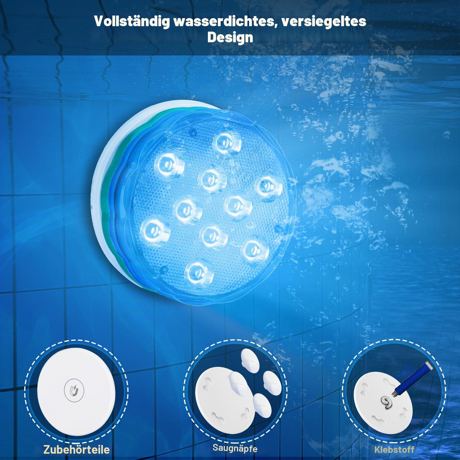 Wiederaufladbare Poolbeleuchtung mit Fernbedienung, Wasserdichte RGB Unterwasserlichter für Schwimmbad, 2 Stück