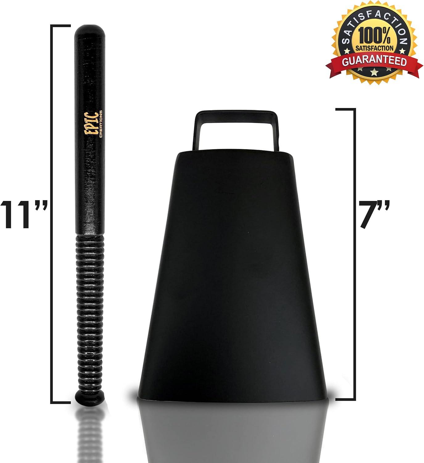 Cow bell with Handle 7 inches and 11” Cowbell Beater Stick - Made of Steel - Antique Cow bells Noise Makers for Football Games, Sporting Events, Celebrating and More (Matte Black)