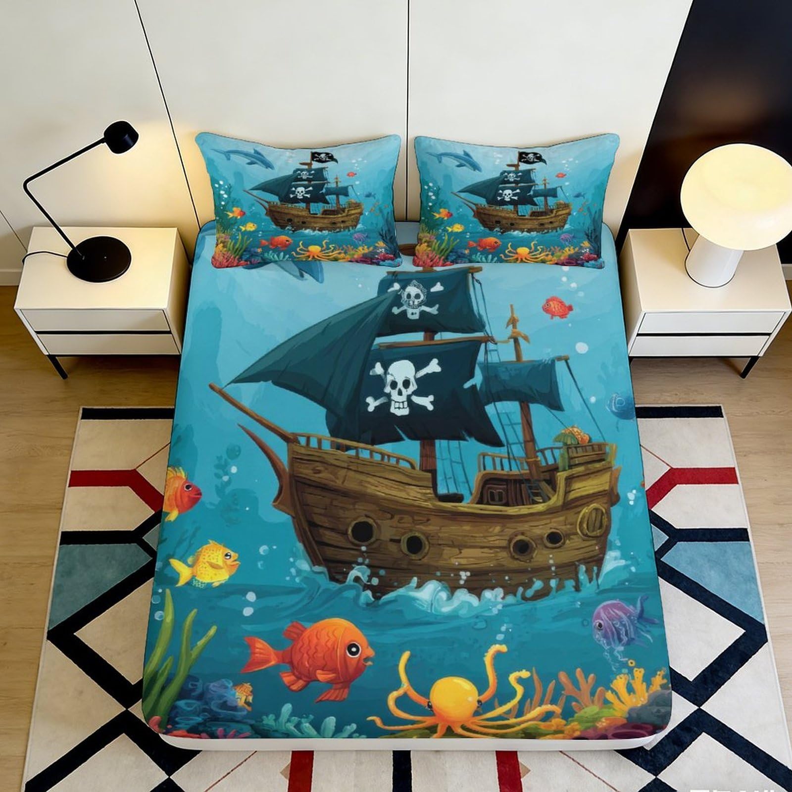 Uxinyoume Style-3 3D Printed Pirate Ship Fitted Sheet Microfiber Ocean Adventure Bed Cover For Bedroom Guest Room Decor Easy Care 90X200x25cm