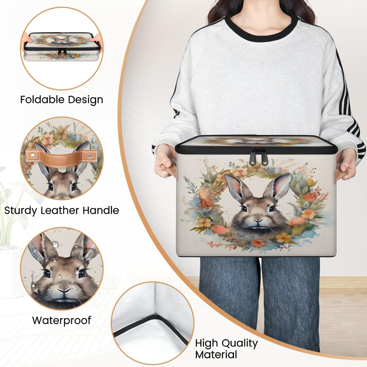 Storage Bin Set of 2 Rabbit Bunny Storage Basket with Zipper Lid & Handle Foldable Closet Shelf 2 Pack Cloth Organizer Basket Cube Bins Clothes Organizer for Bedroom, Nursery