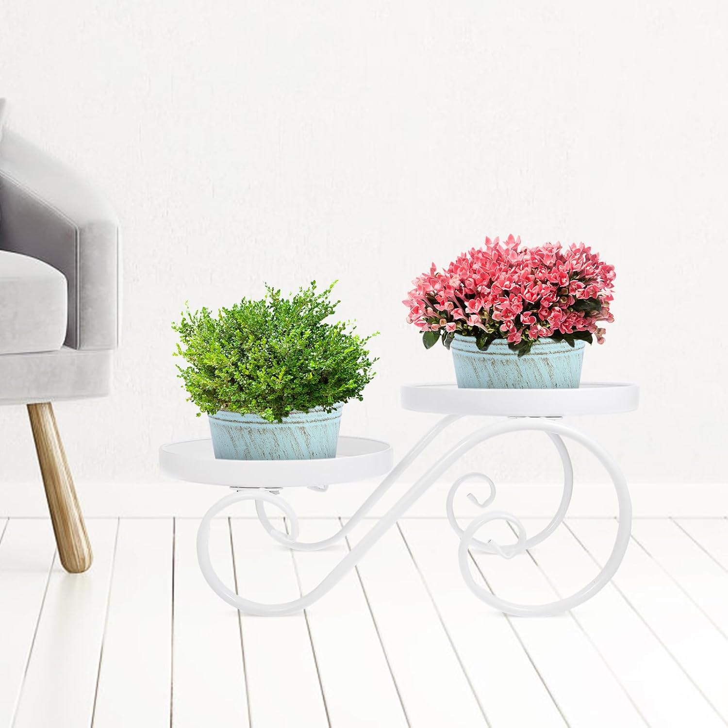 BESPORTBLE European Style Floor Flowerpot Holder Plant Stand White Iron Art Balcony Rack for Vases Bonsai Display Indoor Decorative Shelf for Bedroom Living Office