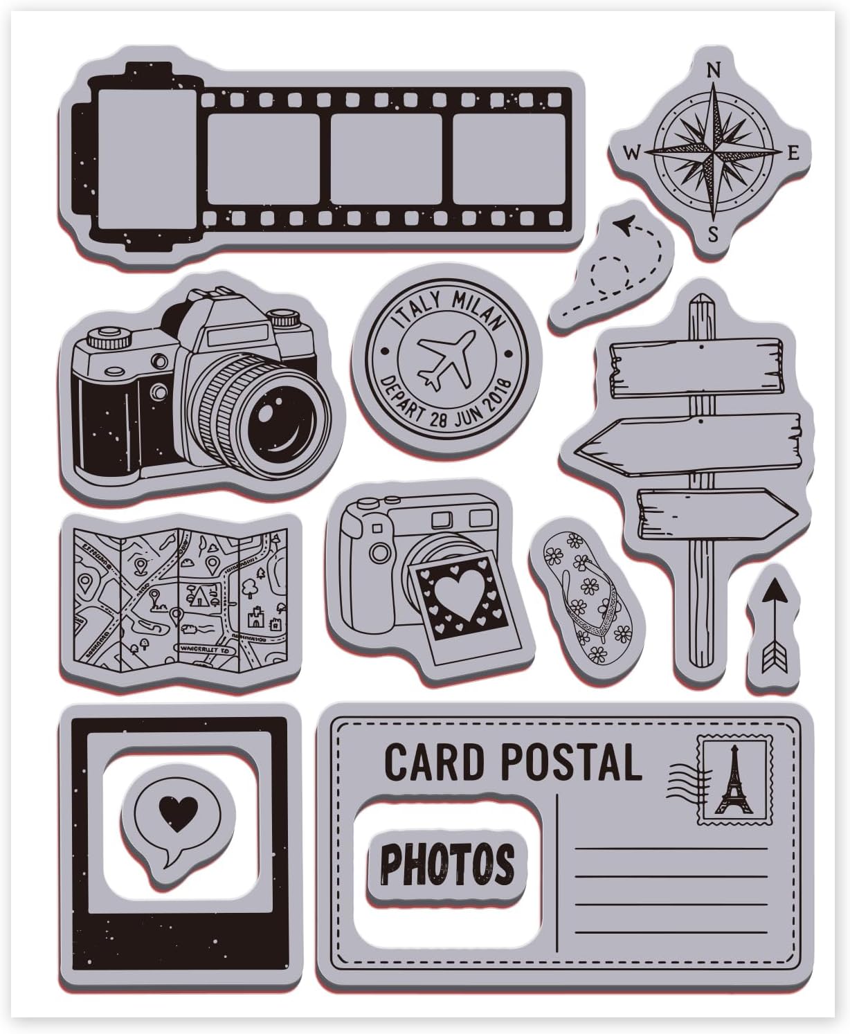 GLOBLELAND Travel Diary Camera Cling Rubber Stamp 8.66x7inch Film Reel EVA Cling Mount Stamps Vintage Travel Postcard Rubber Stamps Set for Card Making Photo Album Decor Decoration DIY Scrapbooking
