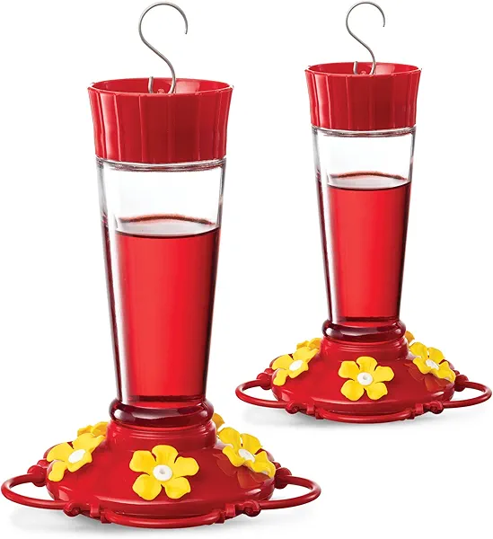 Hummingbird Feeder 10 oz [2 Pack] Glass Hummingbird Feeders for Outdoors, with Built-in Ant Guard - Circular Perch with 5 Feeding Ports - Wide Mouth for Easy Filling/2 Part Base for Easy Cleaning