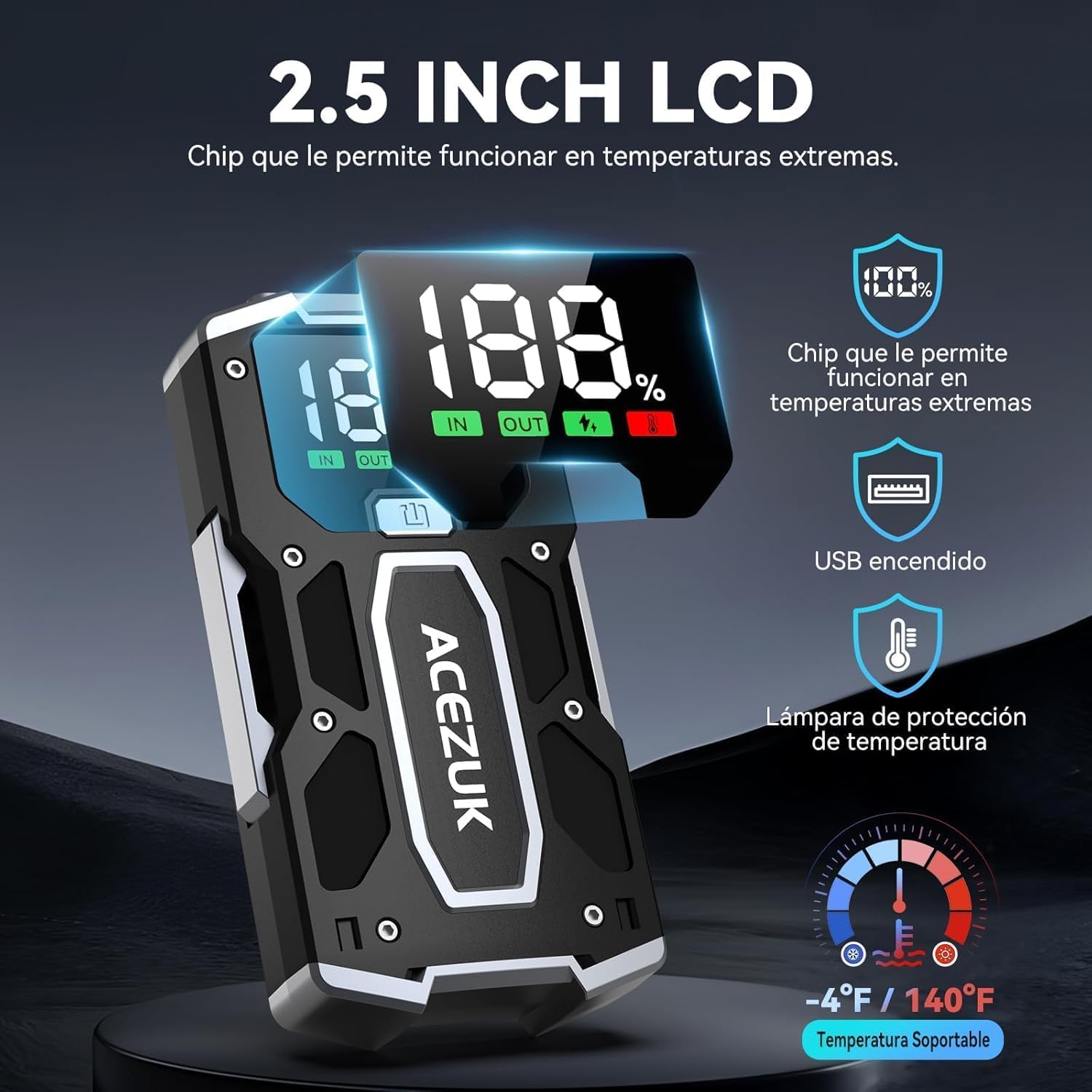 ACEZUK Arrancador de Coches 7000A, 12V Arrancador de Baterias de Coches (para 5.5L Disésel o 7.0L Gas), Jump Starter con 2.5 Inch Pantalla LCD, Clips de Seguridad Inteligentes, Luz LED