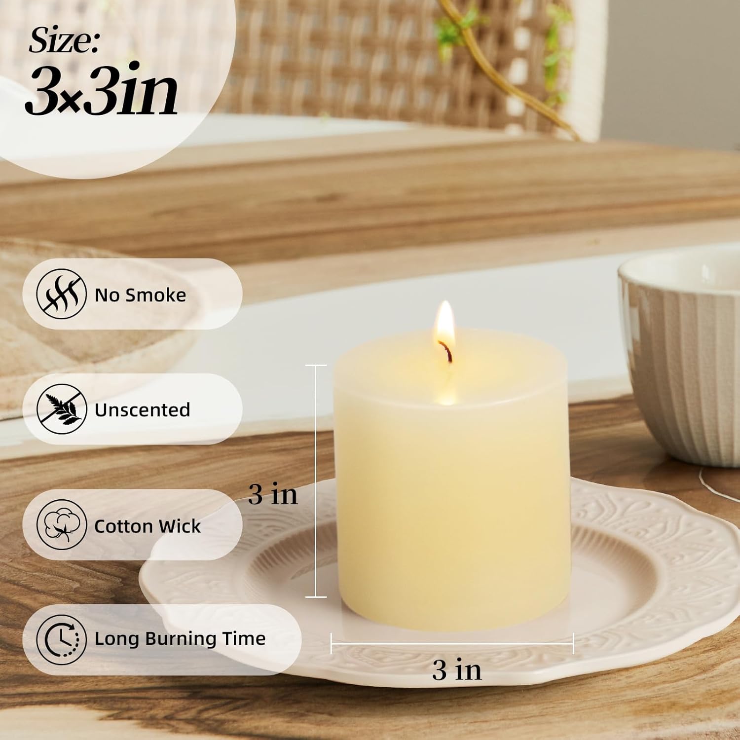 KONNI Ivory Pillar Candles Set of 3, 3"x 3" Unscented Pillar Candles Bulk, 30 Hours Long Burning Candles, Smokeless&Dripless Large Round Candle for Wedding, Home Decoration, Parties, Spas, Dinner - Image 2