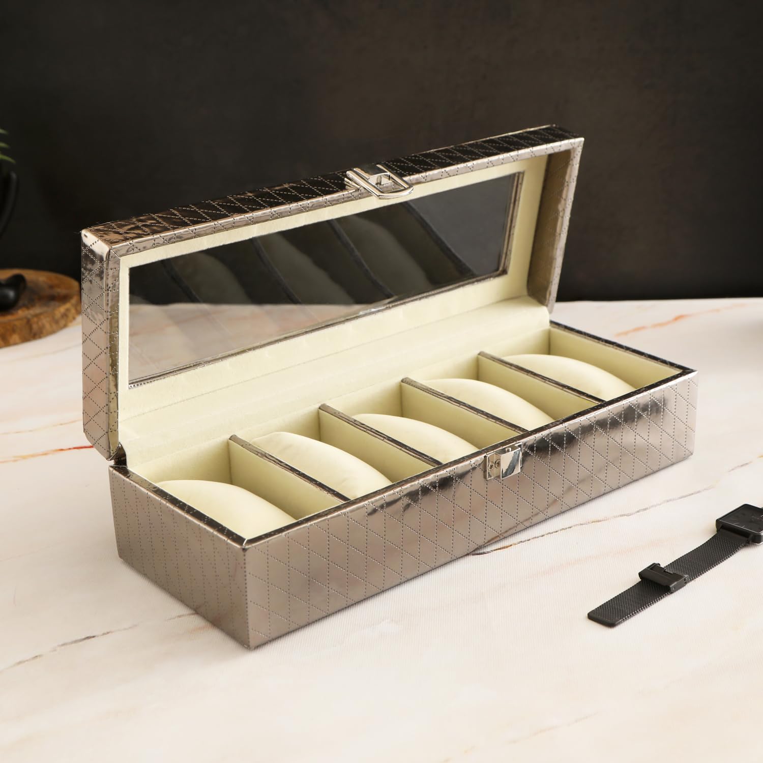 THE HOME CO. Faux Leathre Silver 5 Partition Watch Organizer Box | Watch Box Holder for Men and Women, Travel Watch Organizer (12"X4"X3") (B0CQX7TMPR) Amazon Price History, Amazon Price Tracker