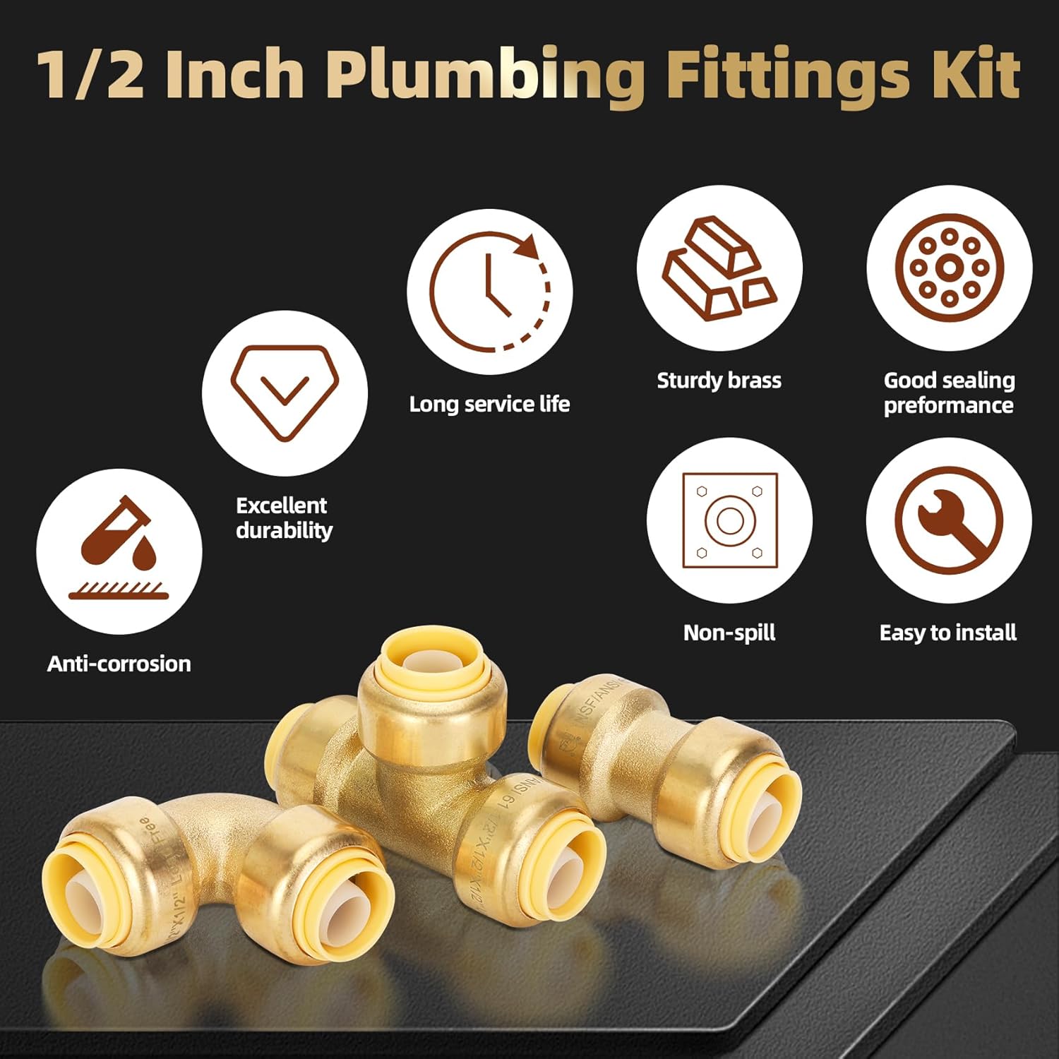 1/2" Push to Connect Fittings,PEX Pipe Fitting 1/2 Inch Set,With Coupling(10 PCS),90 Degree Elbow(10 PCS),Tee(5 PCS),Disconnect Clip(1 PCS),Push to Connect for Quick Connection to PEX Tube