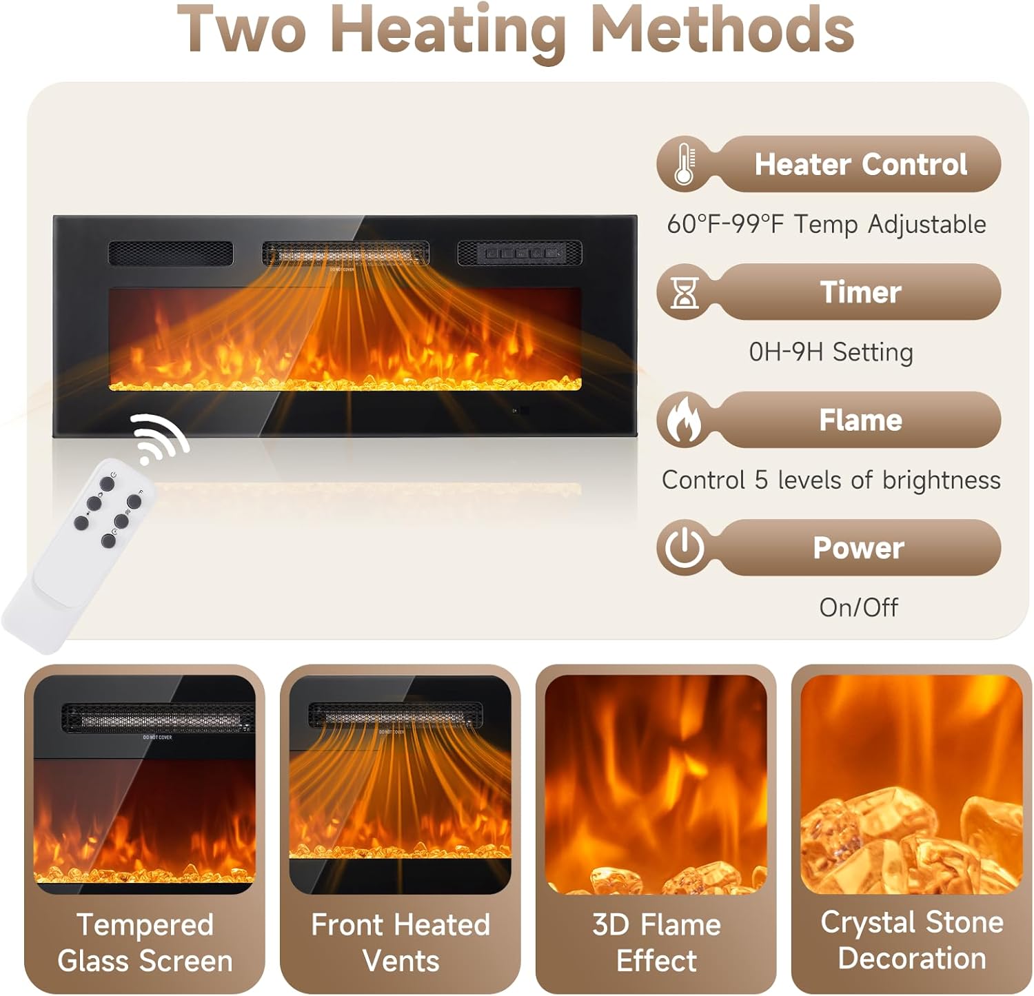 Floating TV Stand, High Gloss Finish Wall Mounted Fireplace Entertainment Center with Storage for TVs Up to 80", 70IN Black TV Console and 36IN Brown Fireplace - Image 6