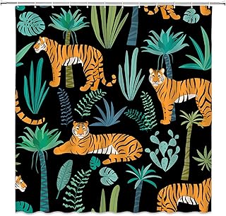 Tiger Shower Curtain Tropical Plant Palm Leaf Wildlife Leopard Big Cat Animal Jungle Rainforest Forest Tree Fabric Bathroom Sets with Hooks,Yellow Blue Black