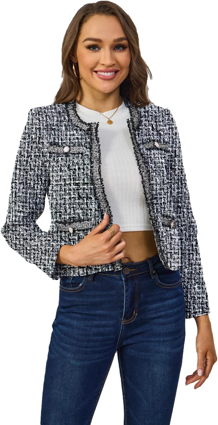 Women's Tweed Blazers Cropped Long Sleeve Crewneck Open Front Lace Trim Lightweight Plaid Work Business Jackets - Image 4