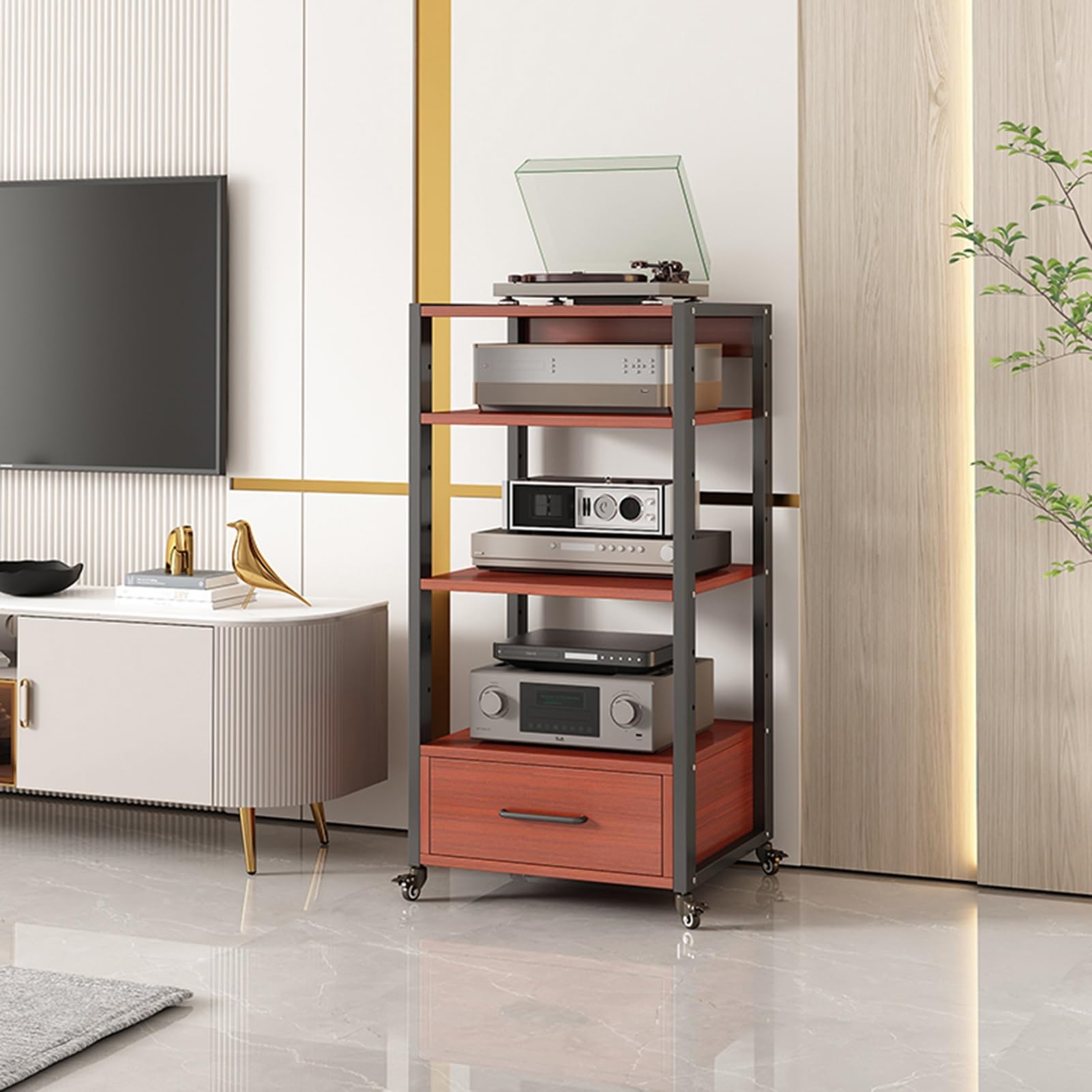 Movable AV Media Stand Component Cabinet Open Storage Corner TV Stand Record Player Stereo Rack Audio Tower with Height Adjustable Wooden Shelves and Drawer for Home/Office/Theater (Color : A, Size