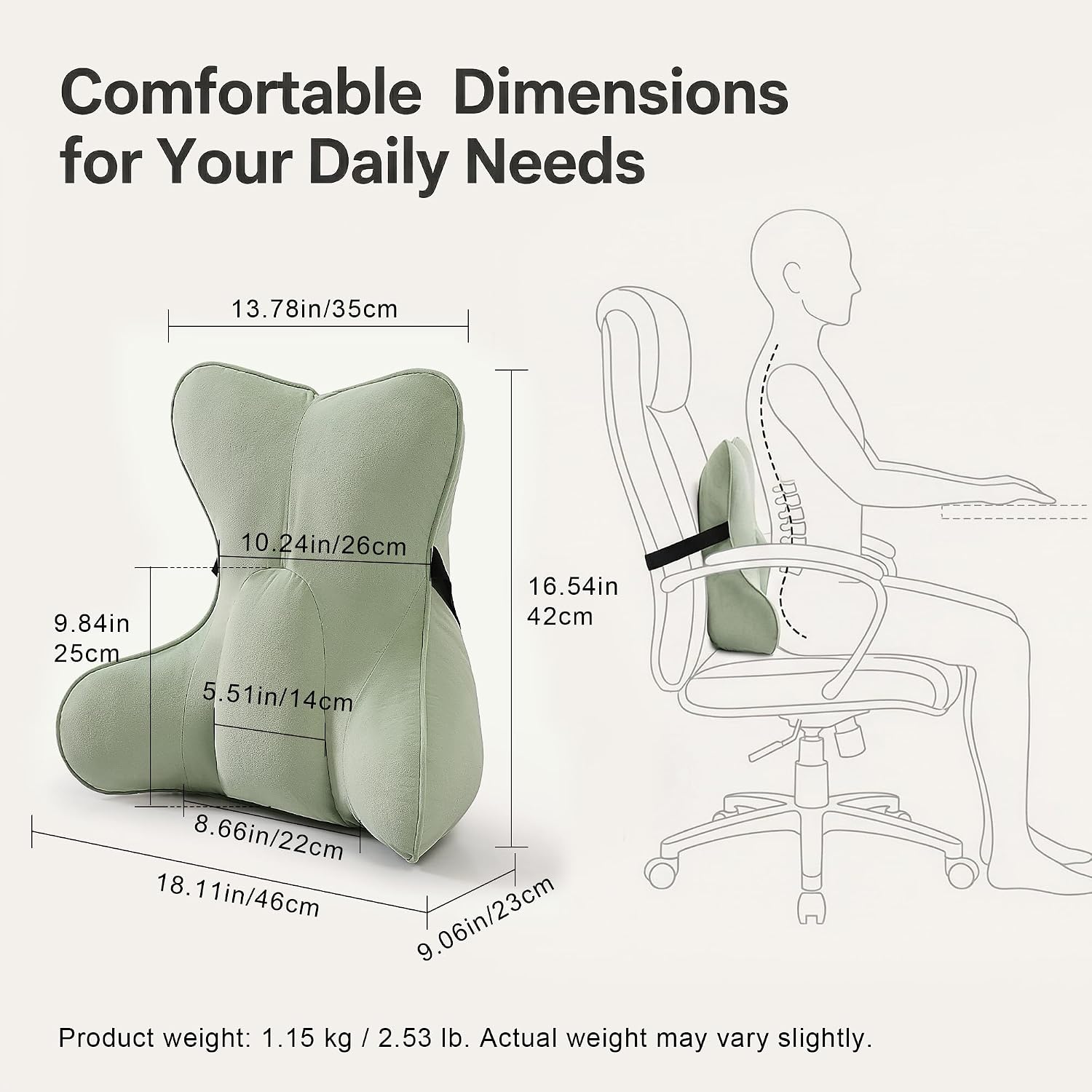 Back Pillow for Bed Sitting Up, Lumbar Support Pillow for Reading, Back Support Cushion for Bed Rest, Ergonomic Back Cushion for Sitting Comfort, Celadon Green