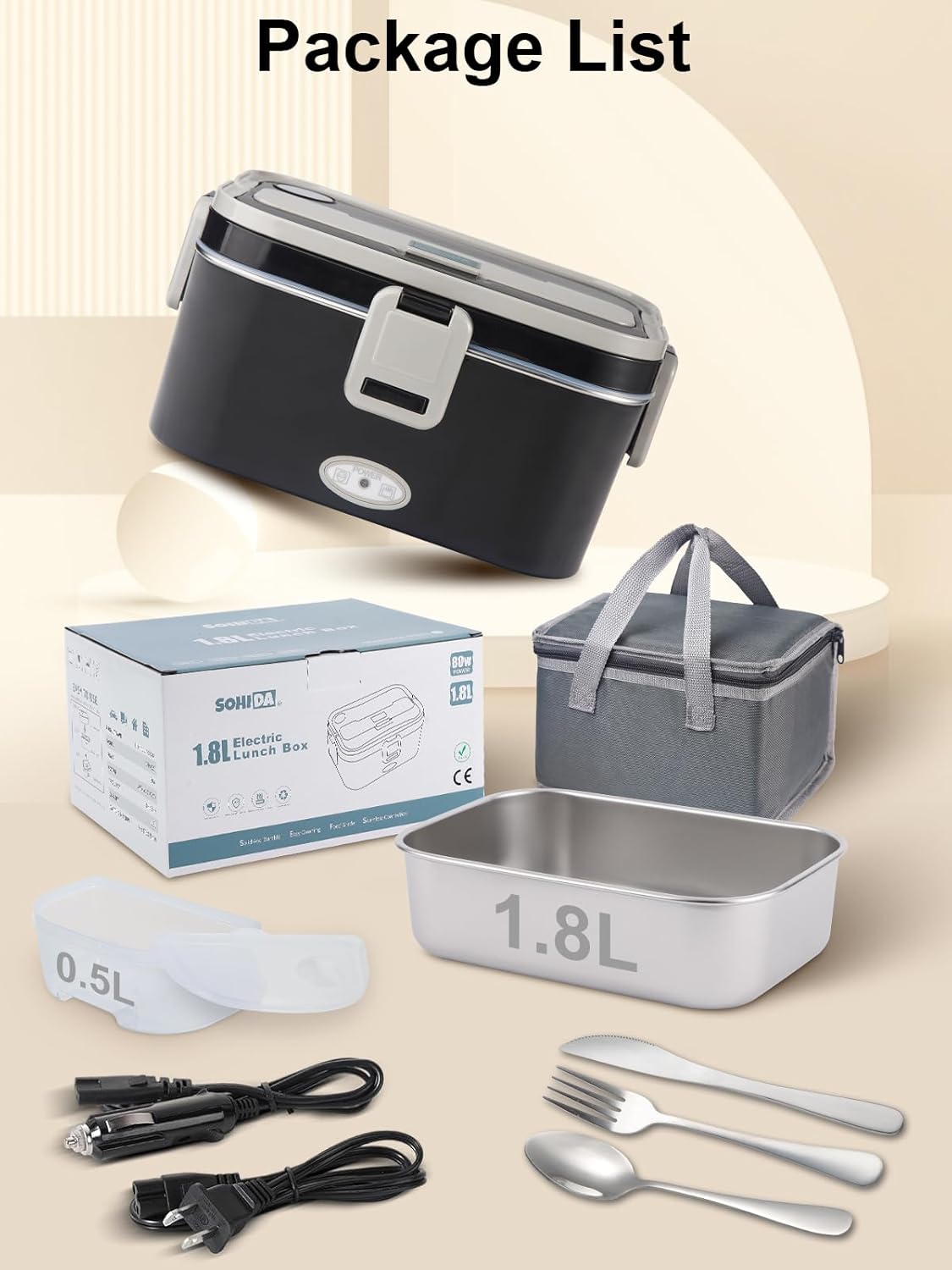 SOHIDA 1.8L+0.5L Heated Lunch Box for Men, 80W Electric Lunch Box with Long-handled Utensils for Adults, 12V/24V/110V Lonchera Eléctrica Portátil, Portable Food Warmer for Car/Truck/Office (B/G)