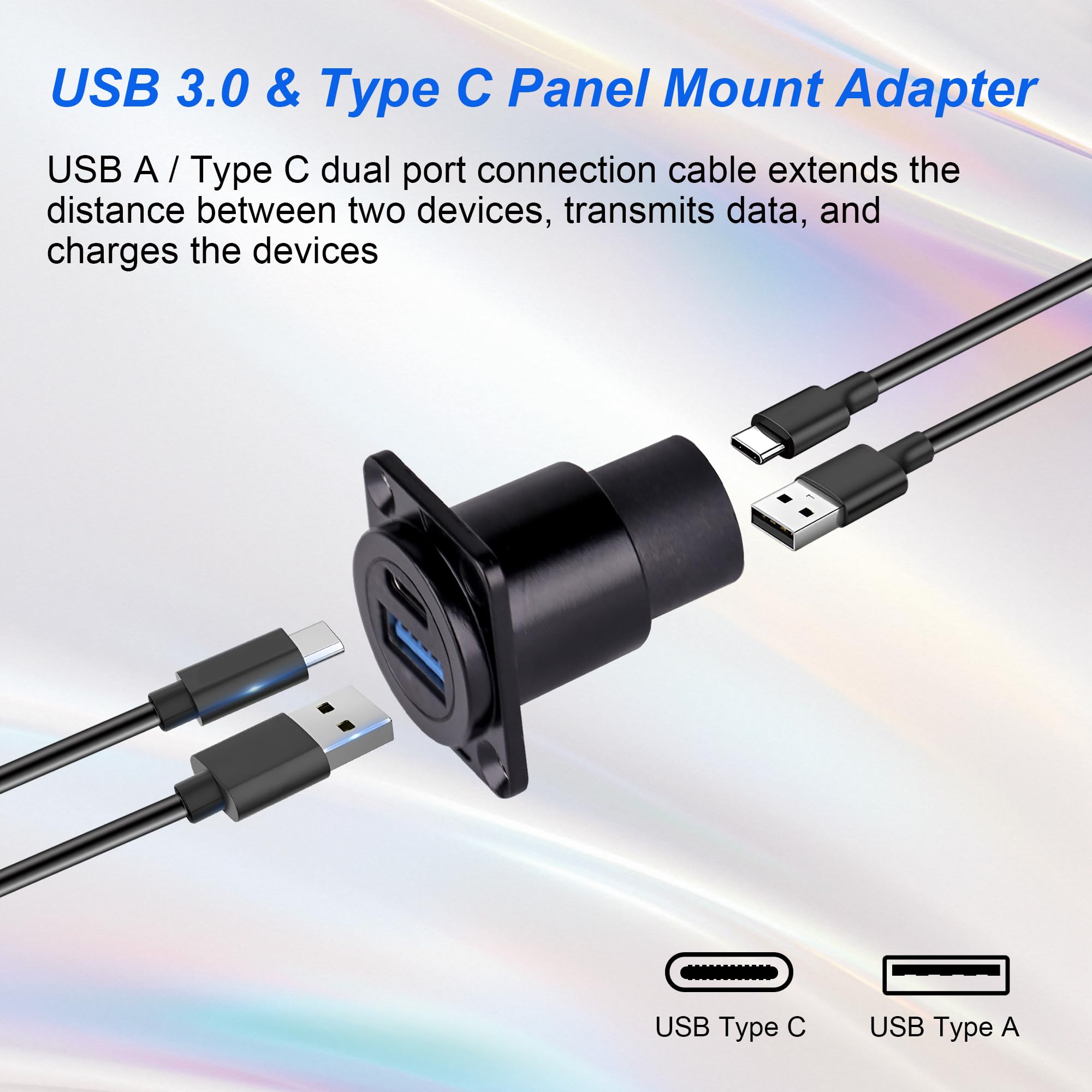 Dual USB 3.0 & Type C Panel Mount Adapter, D-Type Bulkhead Feedthrough Socket with USB A 3.0 + USB C 3.1 Dual Ports for Car/Home/Industrial (High-Speed Data & Charging)