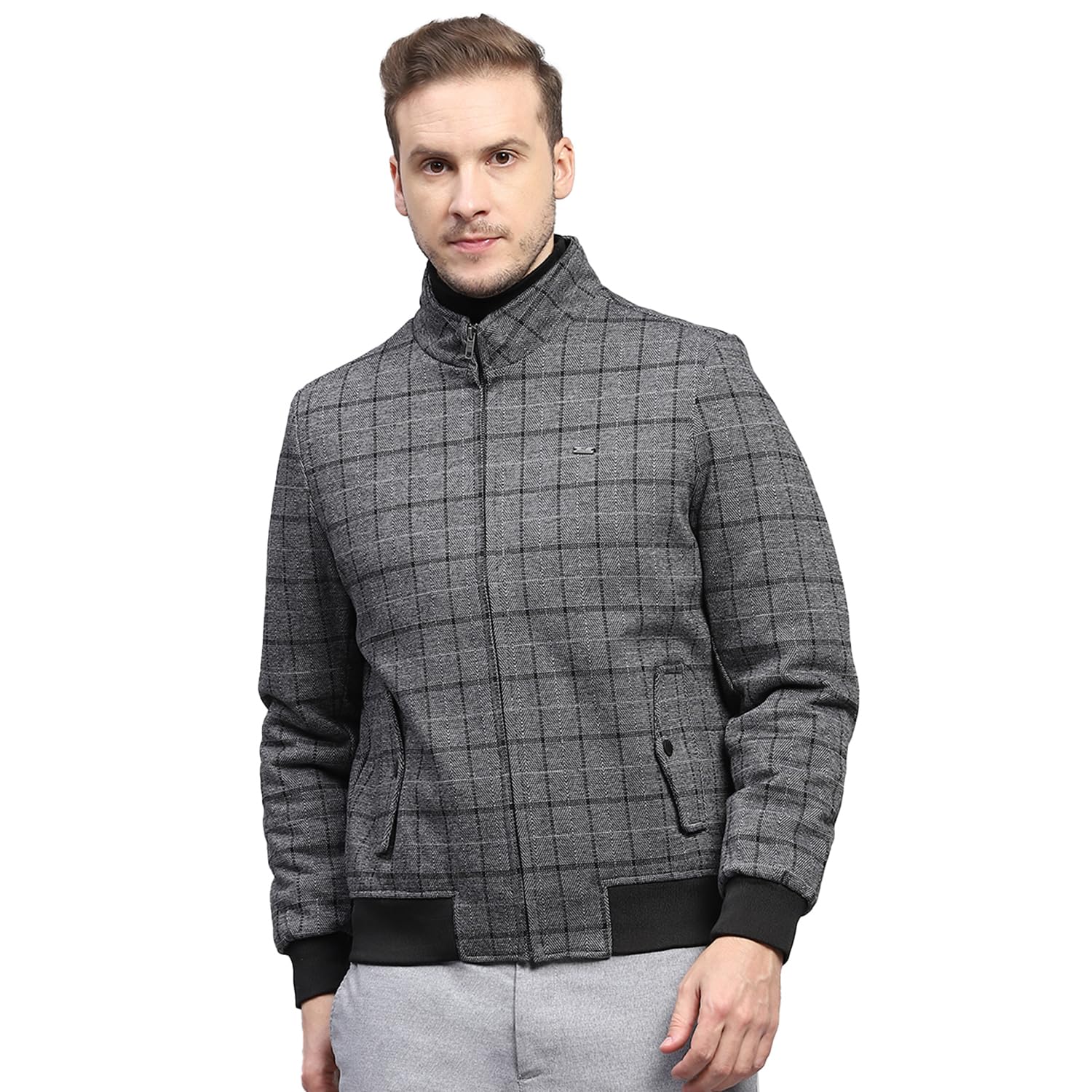Men's Cotton Standard Length Checked Mock Neck Full Sleeve Coat (223061896)-image-24