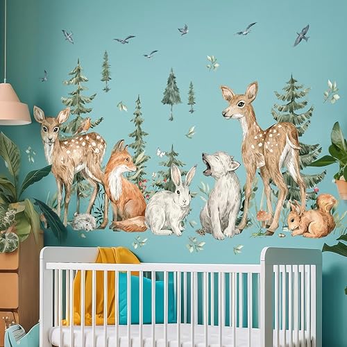 Miniatura 5 de Amaonm - 4 hojas de 12 x 36 pulgadas, calcomanías de pared de árbol de bosque gigante, bosque, ciervo, oso, conejo, zorro, ardilla, pájaros,