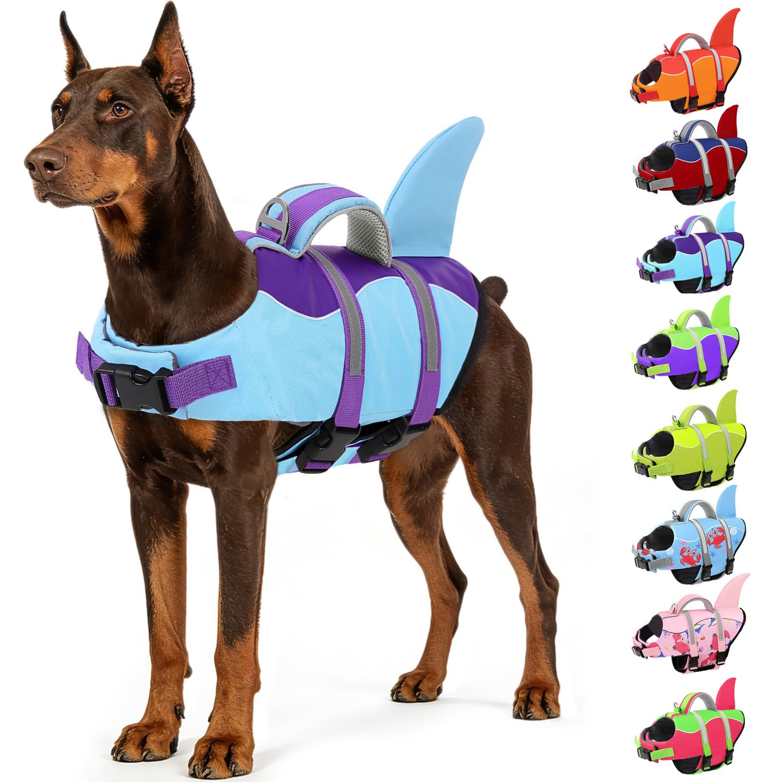 AOFITEE Hundeschwimmweste Hai, Verstellbar & Ripstop Schwimmweste Hunde, Hohe Flotation Rettungsweste Hund mit Rettungsgriff und Reflektorstreifen für Kleine, Mittlere, Große Hunde