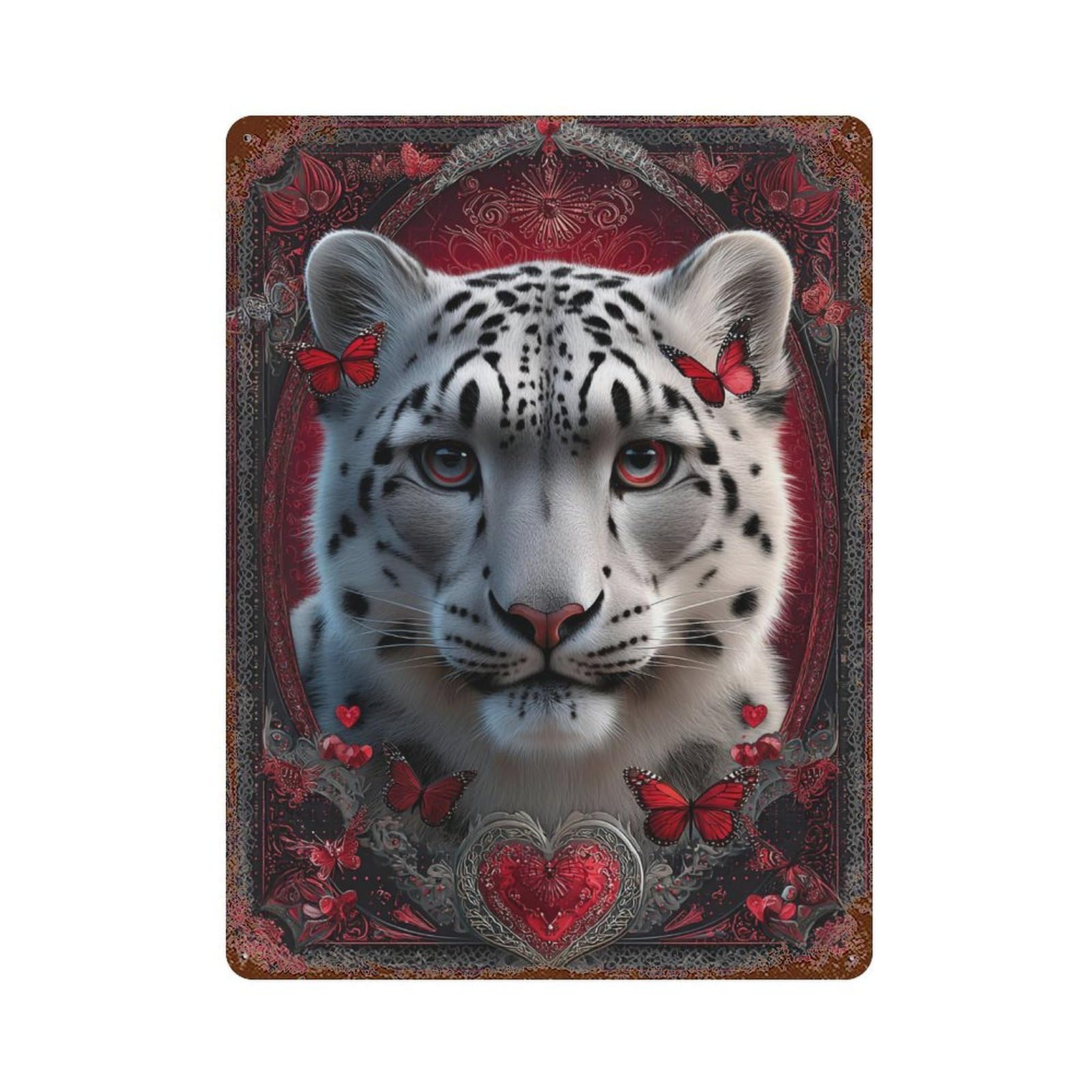 Red Leopard with Butterflies Aged Metal Wall Plaque 15.7"x11.8", Classic Wall Plaque for Garage, Pub Or Kitchen