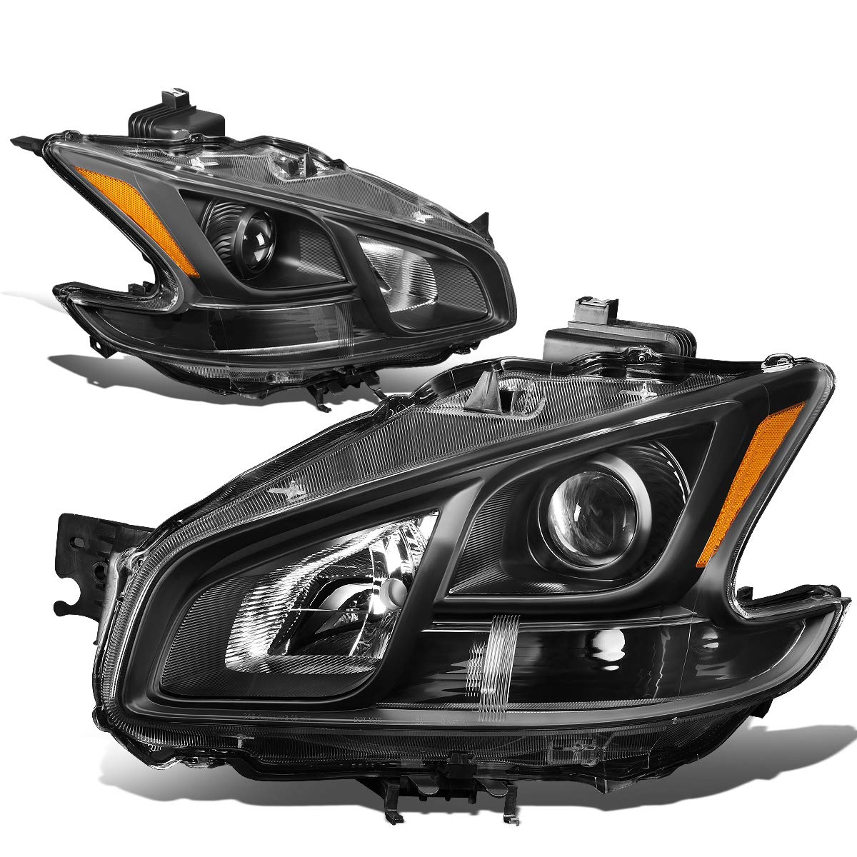 DNA Motoring HL-OH-NM09-BK-AM Black Housing Amber Corner Projector Headlights Replacement For 09-14 Maxima